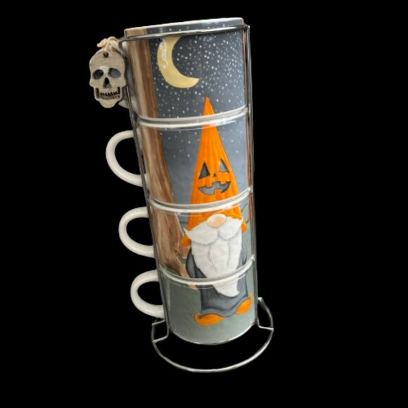 Halloween Fall Pumpkin Gnome Stackable Coffee Cups w/ Holder - Picture 1 of 7